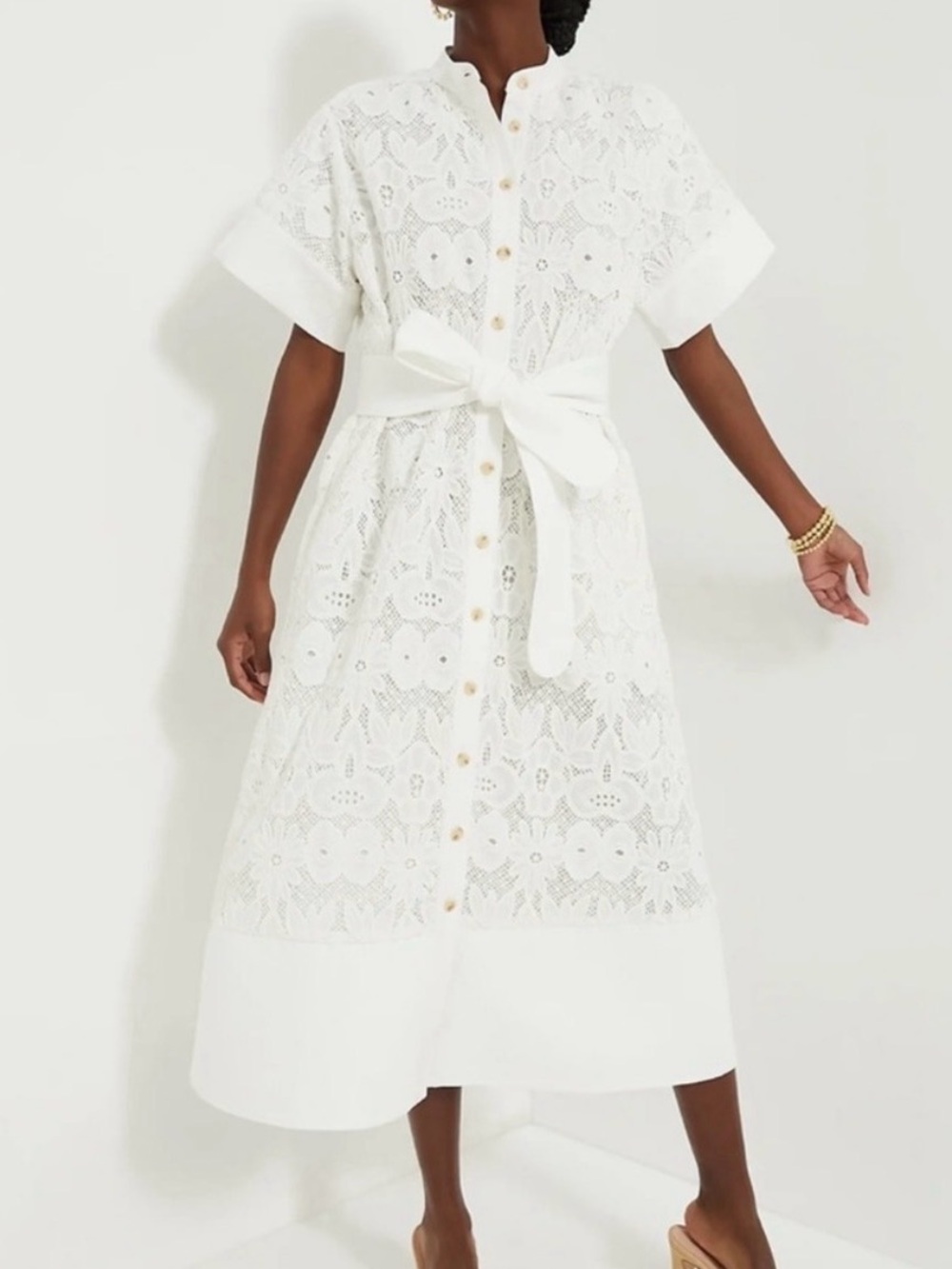 Tuckernuck White Lace Midi Shirt Dress with Tie Waist XL
